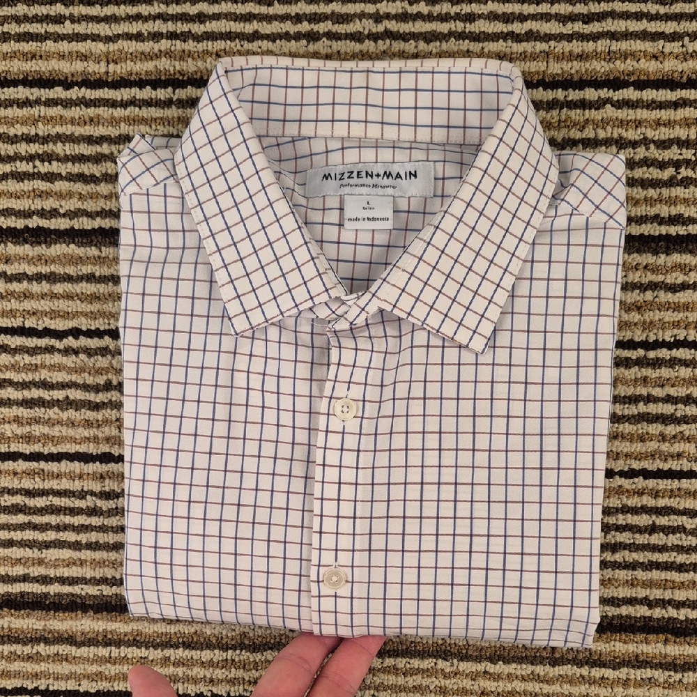MIZZEN + MAIN White Brown Navy Plaid Performance L Trim Mens Long Sleeve Shirt